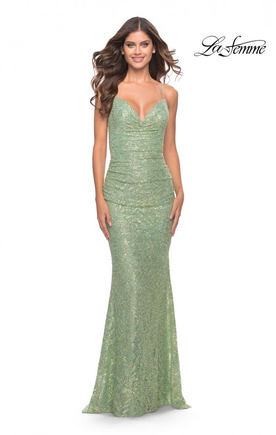Picture of: Draped Neck Beaded Lace Prom Dress with Ruching in Sage, Style: 31527, Main Picture