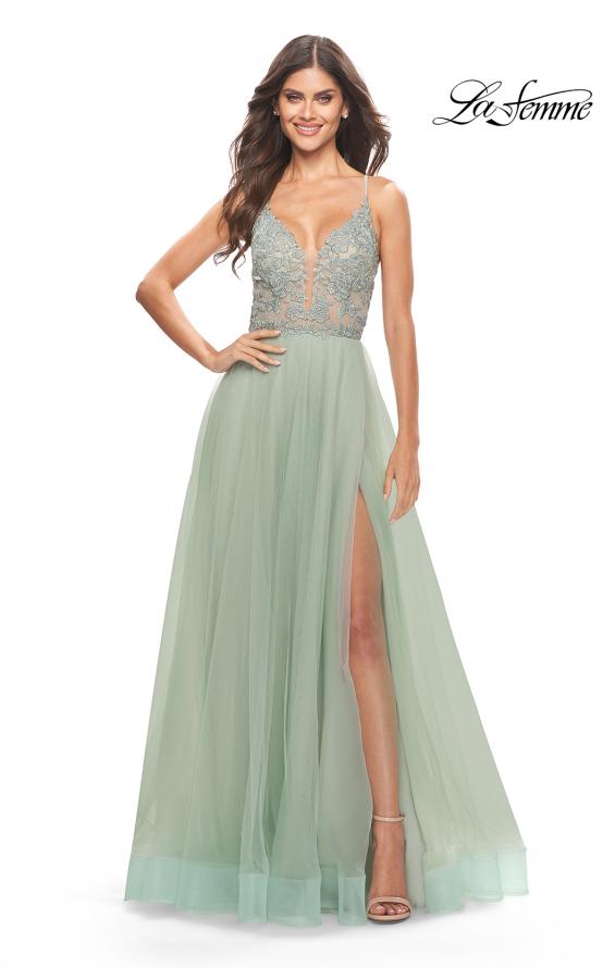 Picture of: Tulle Gown with Sheer Lace Bodice in Sage, Style: 31542, Main Picture