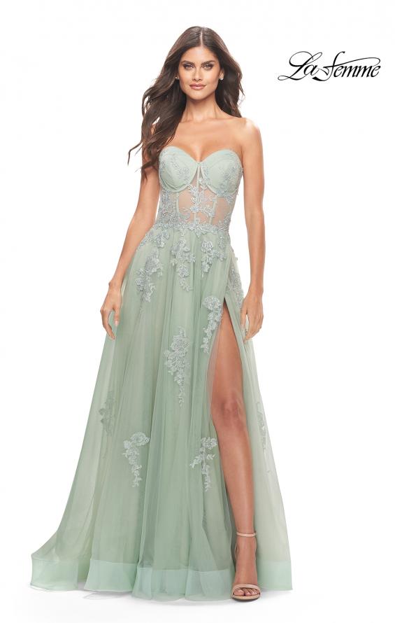 Picture of: Tulle A-Line Gown with Beautiful Lace Applique in Sage, Style: 31577, Main Picture