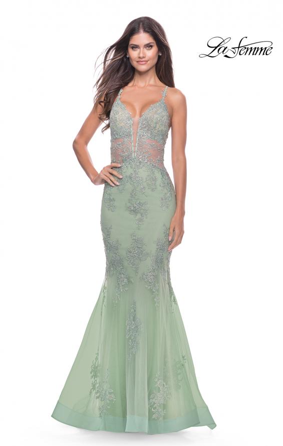 Picture of: Mermaid Tulle and Lace Dress with Strappy Back in Sage, Style: 31598, Main Picture