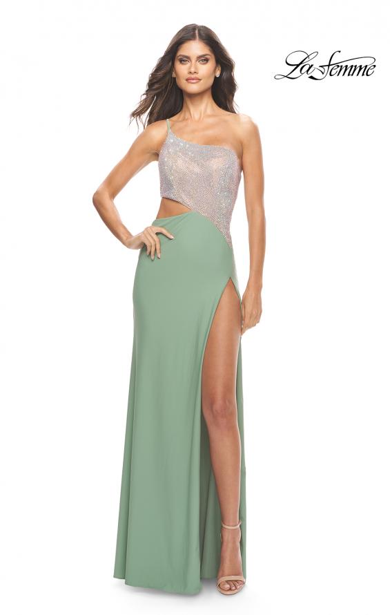 Picture of: One Shoulder Dress with Side Cut Out and Rhinestone Bodice in Sage, Style: 31600, Main Picture