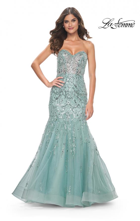 Picture of: Unique Beaded Sequin Print Mermaid Prom Dress in Sage, Style: 32053, Main Picture