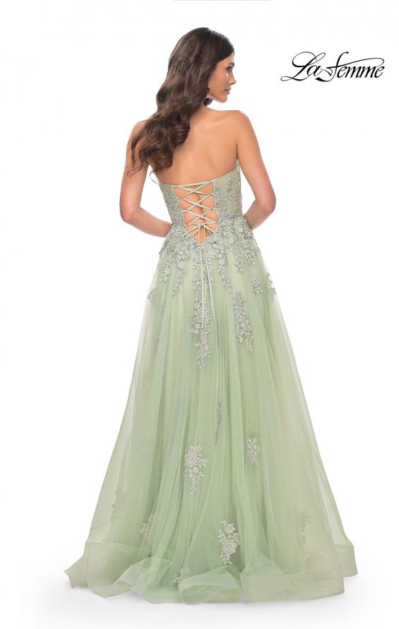 Picture of: Lace Up A-Line Dress with Ruched Bodice and Sweetheart Top in Green, Style: 32084, Detail Picture 8