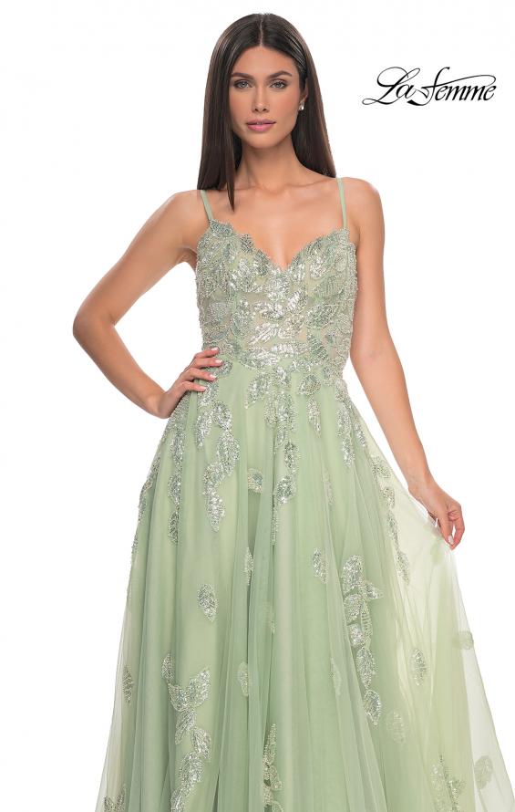 Picture of: Two Tone Tulle A-Line Prom Dress with Floral Beaded Detail in Sage, Style: 32090, Detail Picture 8