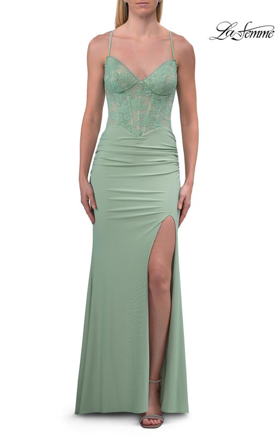 Orange Picture of: Lace Bodice Fitted Gown with Slit and Open Crisscross Back in Sage, Style: 33386, Detail Picture 8