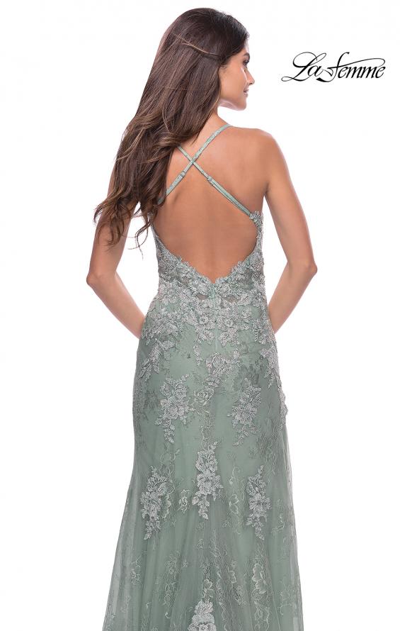 Picture of: Long Gown with Lace Applique and High Slit in Sage, Style: 30794, Detail Picture 9