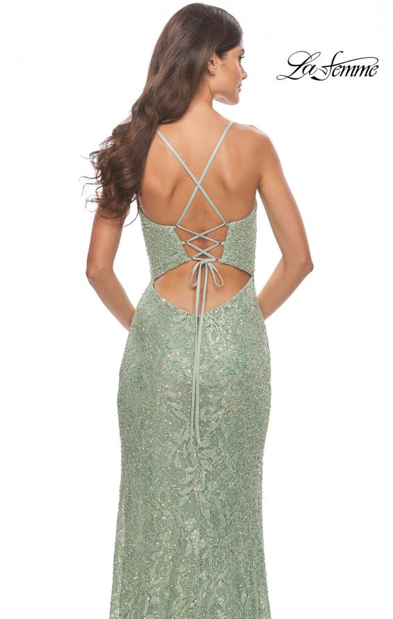 Picture of: Beaded Lace Gown with High Slit and V Neck in Sage, Style: 31388, Detail Picture 9