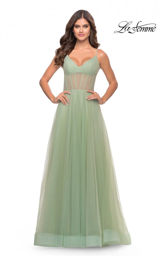 Picture of: Tulle A-line Prom Dress with Corset Sheer Bodice in Sage, Style: 31502, Detail Picture 9