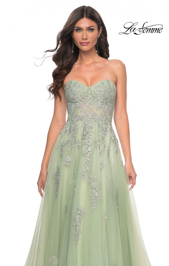 Picture of: Lace Up A-Line Dress with Ruched Bodice and Sweetheart Top in Green, Style: 32084, Detail Picture 9
