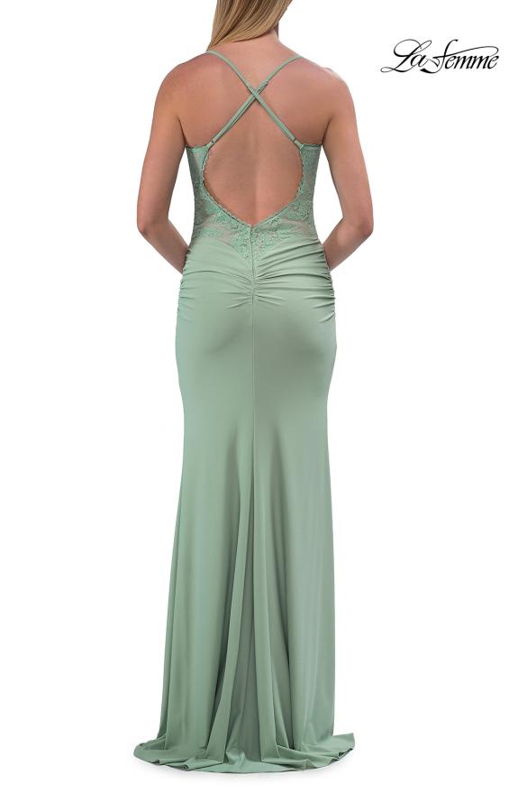 Orange Picture of: Lace Bodice Fitted Gown with Slit and Open Crisscross Back in Sage, Style: 33386, Detail Picture 9