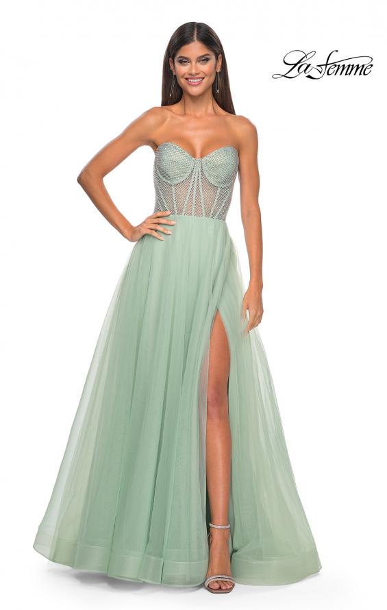 Picture of: Neon A-Line Tulle Prom Dress with Rhinestone Fishnet Bodice in Sage, Style: 32445, Detail Picture 10