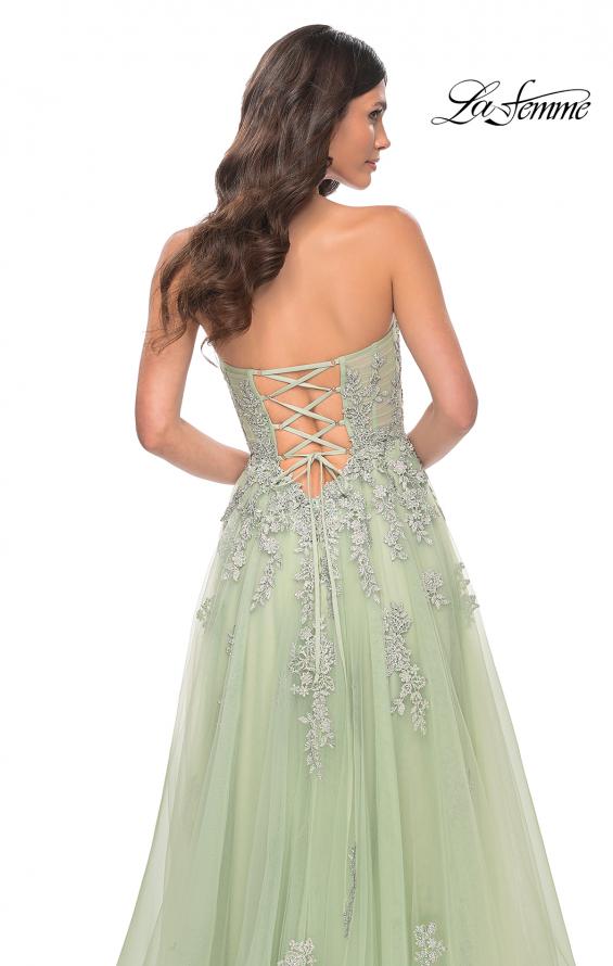 Picture of: Lace Up A-Line Dress with Ruched Bodice and Sweetheart Top in Green, Style: 32084, Detail Picture 11