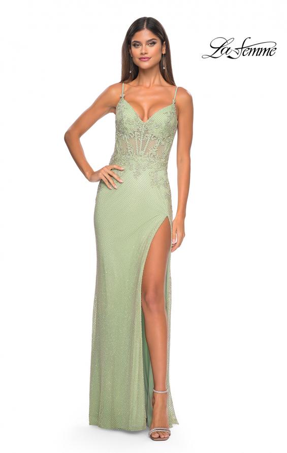 Picture of: Gorgeous Rhinestone Fishnet Gown with Lace Embellishments in Sage, Style: 32292, Detail Picture 11