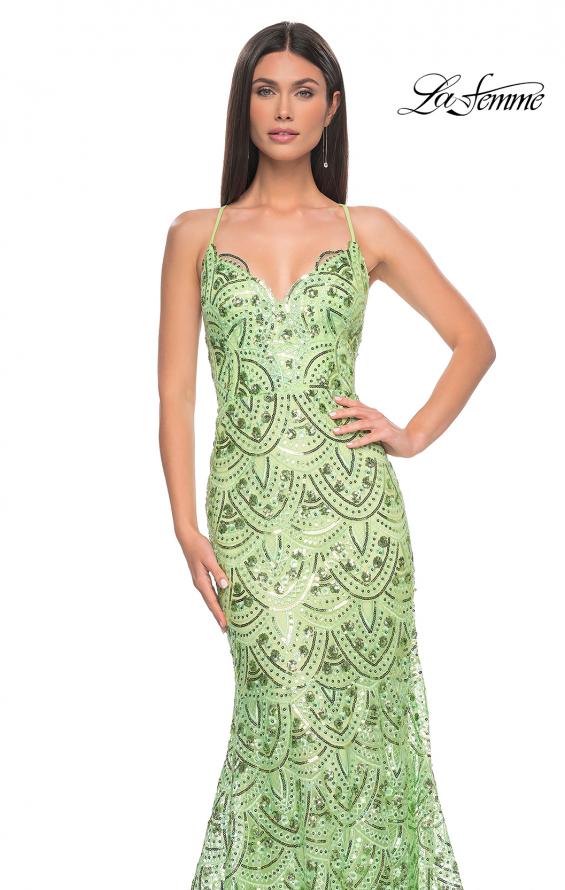 Picture of: Print Sequin Mermaid Dress with Lace Up Back in Sage, Style: 31865, Detail Picture 12