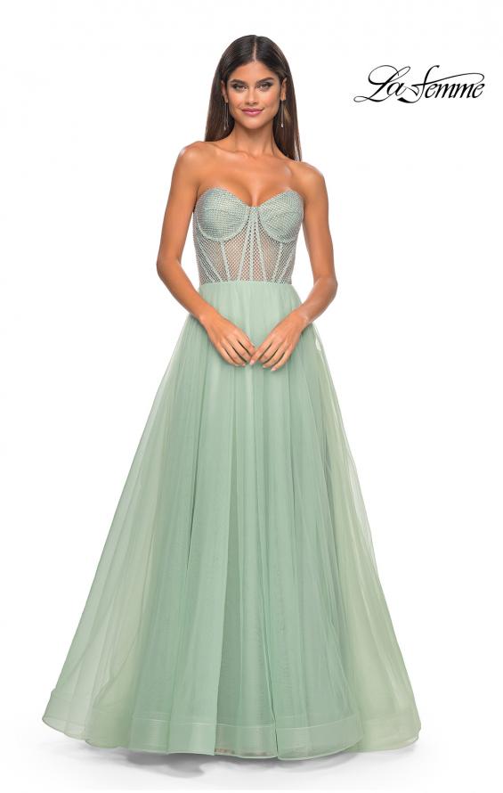 Picture of: Neon A-Line Tulle Prom Dress with Rhinestone Fishnet Bodice in Sage, Style: 32445, Detail Picture 12