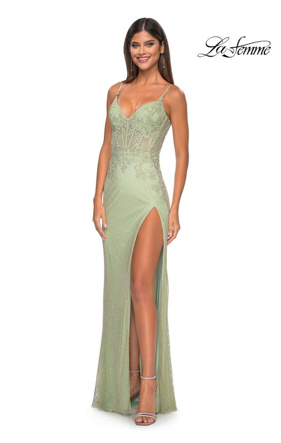 Picture of: Gorgeous Rhinestone Fishnet Gown with Lace Embellishments in Sage, Style: 32292, Detail Picture 13
