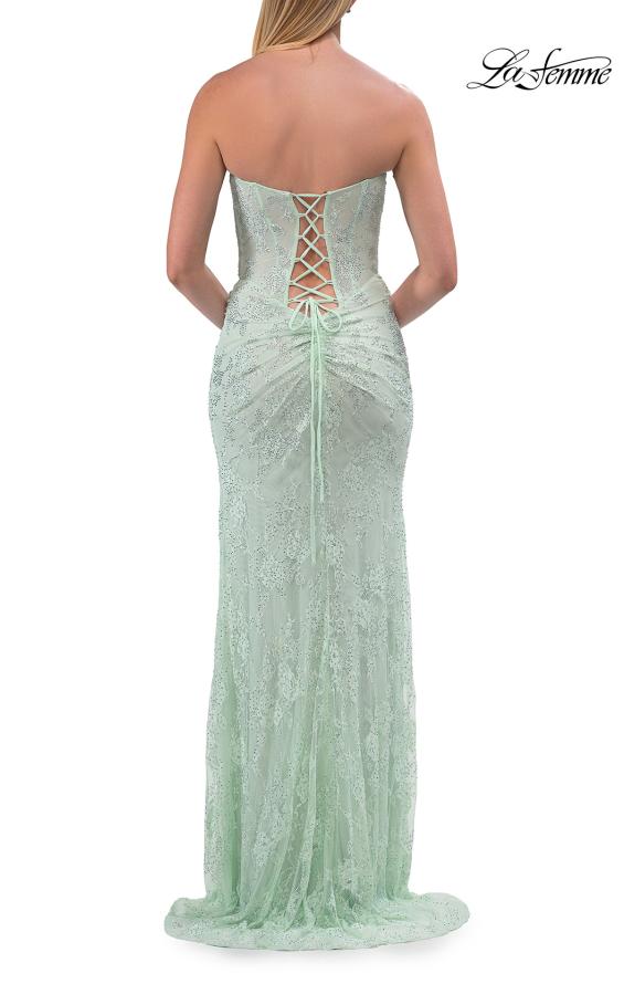 Picture of: Strapless Lace Corset Gown with Slit and Lace-Up Back in Sage, Style: 33768, Detail Picture 13