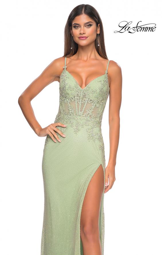Picture of: Gorgeous Rhinestone Fishnet Gown with Lace Embellishments in Sage, Style: 32292, Detail Picture 14