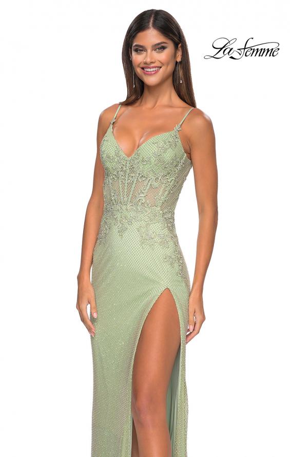 Picture of: Gorgeous Rhinestone Fishnet Gown with Lace Embellishments in Sage, Style: 32292, Detail Picture 15