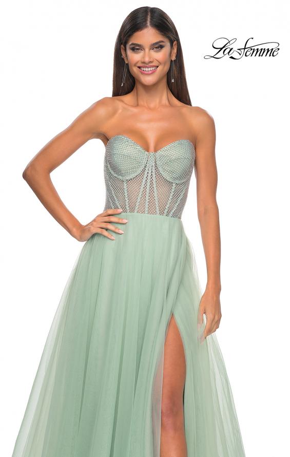 Picture of: Neon A-Line Tulle Prom Dress with Rhinestone Fishnet Bodice in Sage, Style: 32445, Detail Picture 17