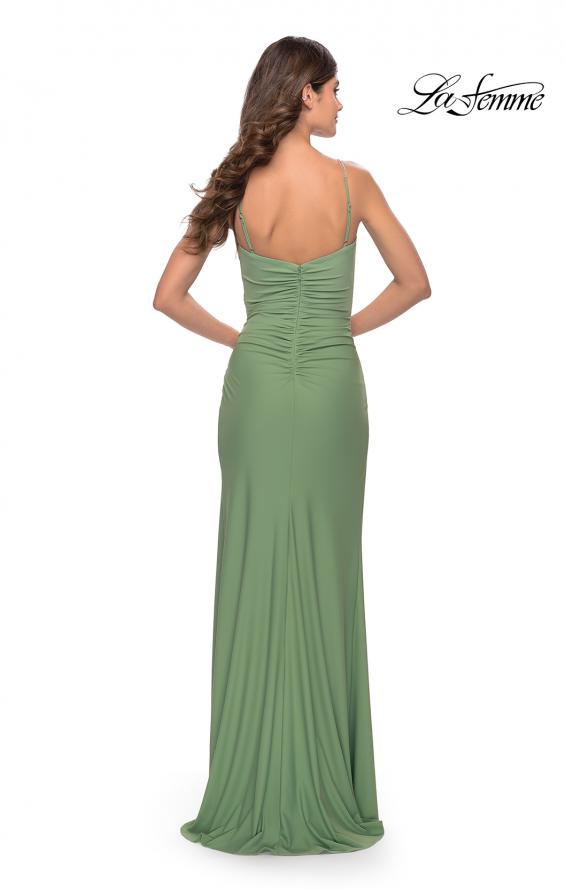 Picture of: Long Ruched Jersey Gown with V Neckline in Sage, Style: 31107, Back Picture