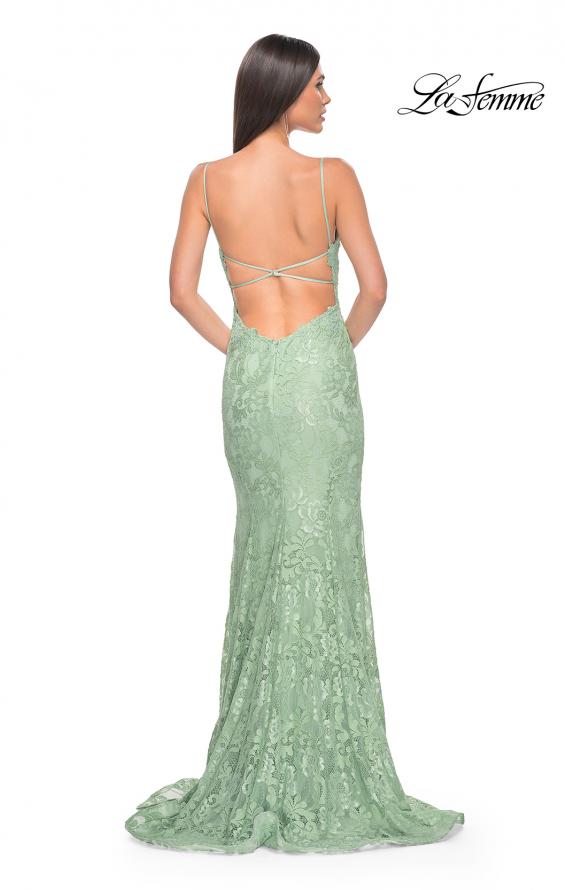 Picture of: Lace Dress with Deep V-Neck and Rhinestones in Sage, Style: 31134, Back Picture