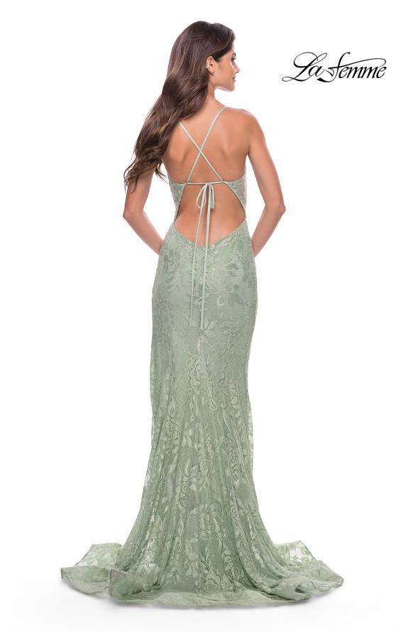 Picture of: Rhinestone Lace Embellished Prom Dress with High Side Slit in Sage, Style: 31288, Back Picture