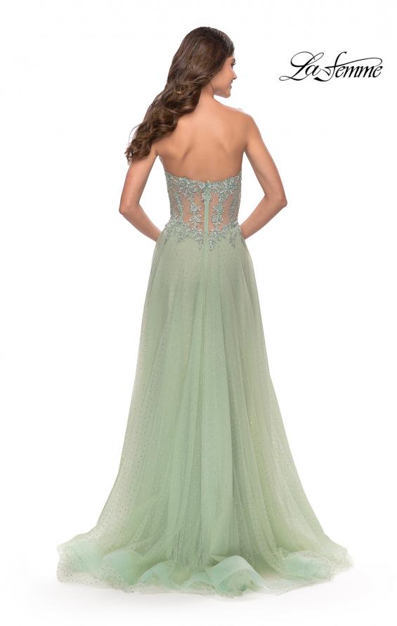 Picture of: Rhinestone Tulle Gown with Sheer Lace Bodice in Sage, Style: 31367, Back Picture