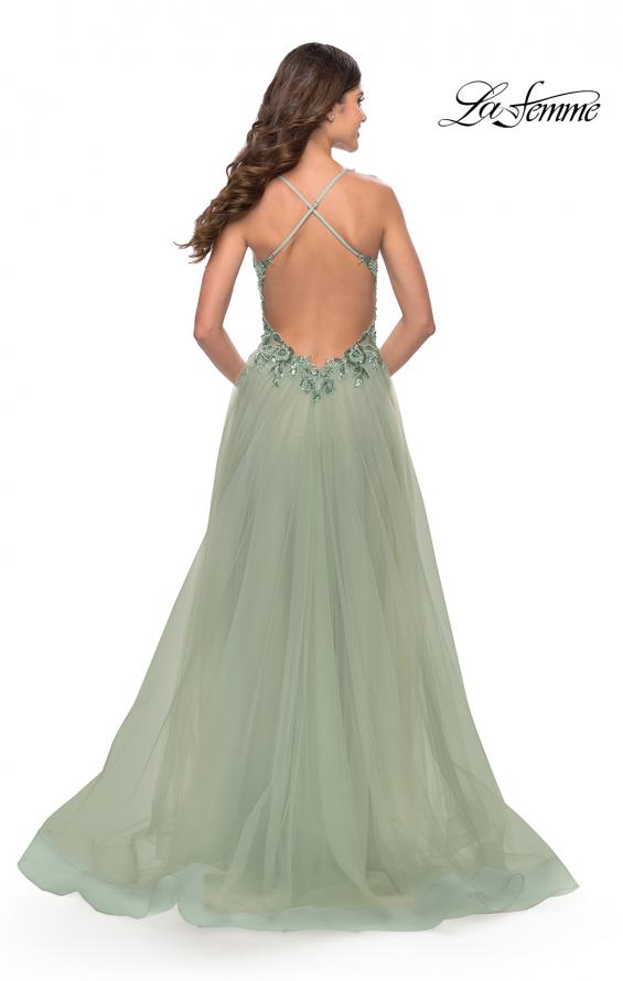 Picture of: Tulle A-Line Gown with Sheer Bodice and Beaded Lace Detail in Sage, Style: 31369, Back Picture