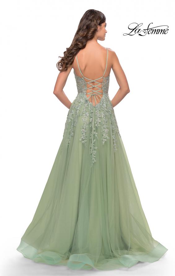Picture of: Tulle A-Line Gown with Pretty Lace Applique Details in Sage, Style: 31393, Back Picture