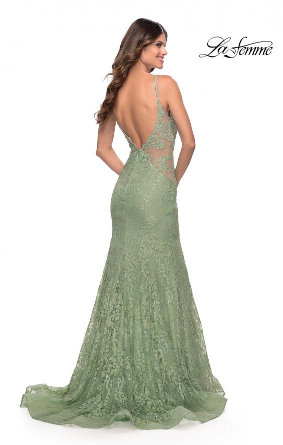 Picture of: Long Mermaid Lace Dress with Back Rhinestone Detail in Sage, Style: 31512, Back Picture