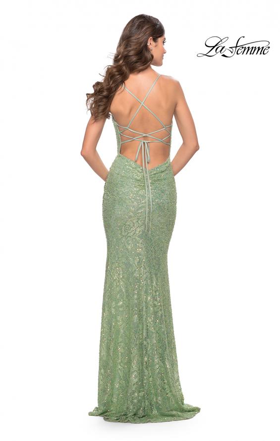 Picture of: Draped Neck Beaded Lace Prom Dress with Ruching in Sage, Style: 31527, Back Picture