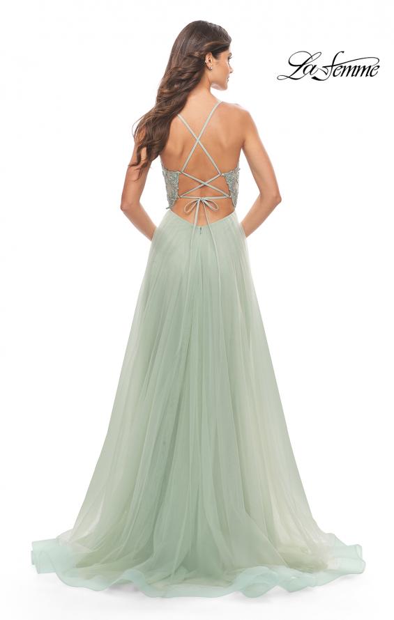 Picture of: Tulle Gown with Sheer Lace Bodice in Sage, Style: 31542, Back Picture