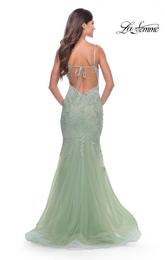 Picture of: Mermaid Tulle and Lace Gown with Illusion Bodice in Sage, Style: 31579, Back Picture