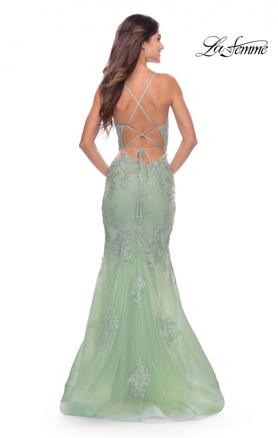 Picture of: Mermaid Tulle and Lace Dress with Strappy Back in Sage, Style: 31598, Back Picture
