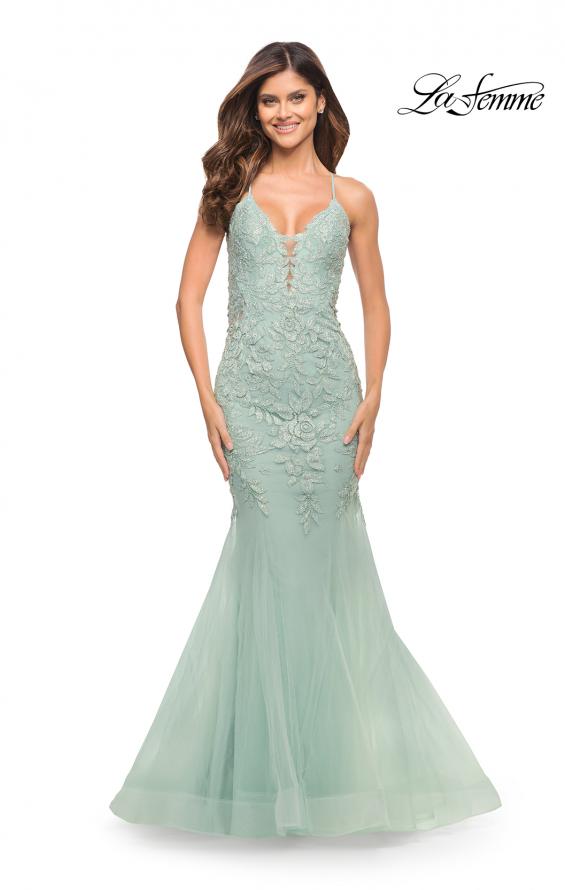 Picture of: Mermaid Tulle and Lace Jeweled Prom Dress in Sage, Style: 30584, Detail Picture 1