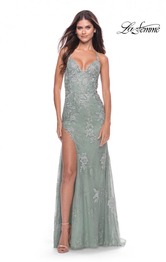 Picture of: Long Gown with Lace Applique and High Slit in Sage, Style: 30794, Detail Picture 1