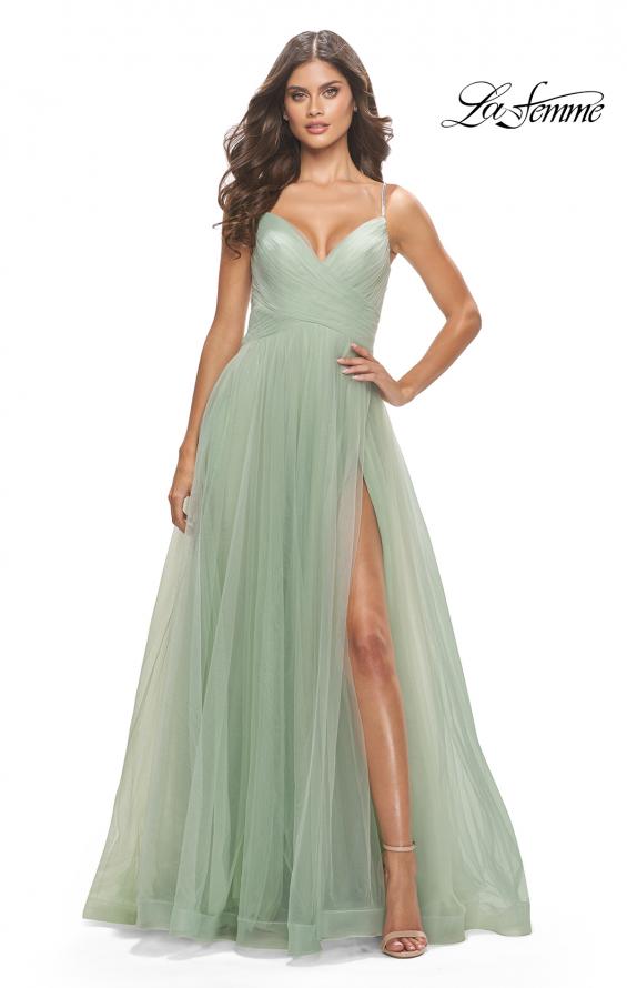 Picture of: Tulle A-Line Prom Dress with Rhinestone Straps in Sage, Style: 31204, Detail Picture 1