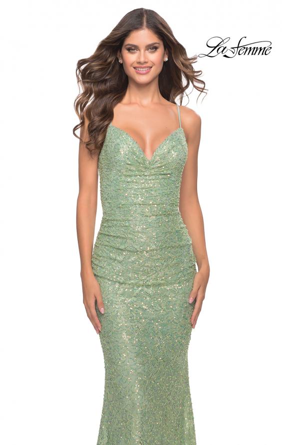 Picture of: Draped Neck Beaded Lace Prom Dress with Ruching in Sage, Style: 31527, Detail Picture 1