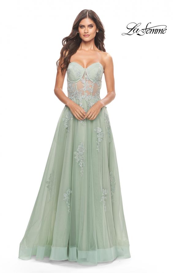 Picture of: Tulle A-Line Gown with Beautiful Lace Applique in Sage, Style: 31577, Detail Picture 1