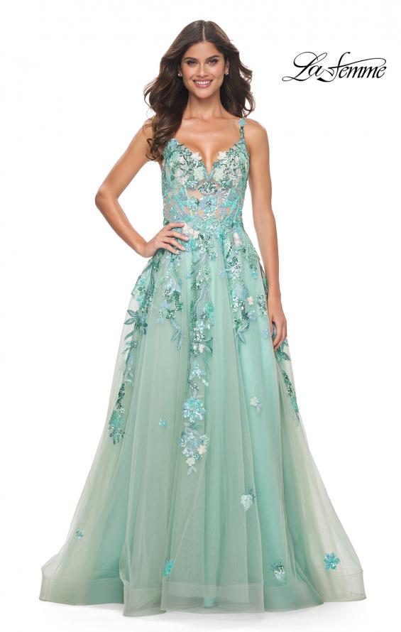 Picture of: Gorgeous Sequin Floral Lace Applique A-Line Tulle Sage Prom Dress in Sage, Style: 32347, Detail Picture 1