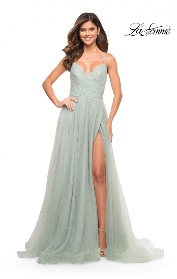 Picture of: Rhinestone Tulle Ballgown with Slit and Lace Up Back in Sage, Style: 30536, Detail Picture 2