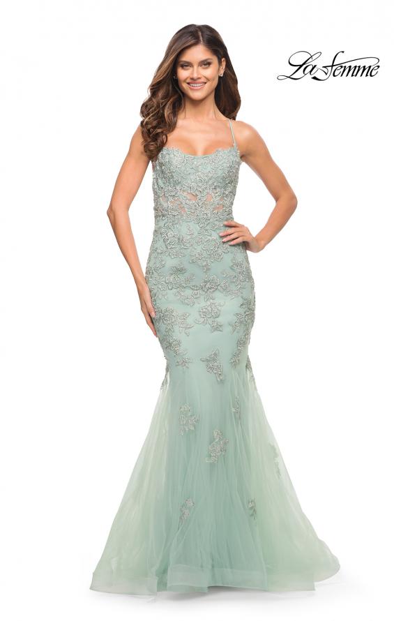 Picture of: Stunning Mermaid Tulle and Jeweled Lace Dress in Sage, Style: 30621, Detail Picture 2