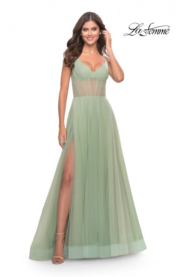 Picture of: Tulle A-line Prom Dress with Corset Sheer Bodice in Sage, Style: 31502, Detail Picture 2