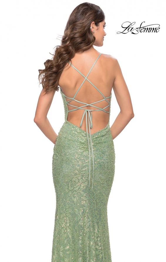 Picture of: Draped Neck Beaded Lace Prom Dress with Ruching in Sage, Style: 31527, Detail Picture 2