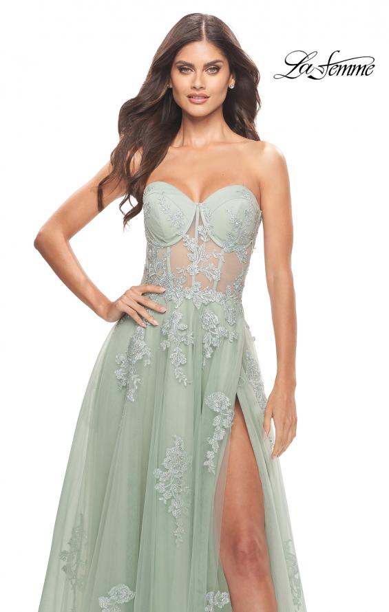 Picture of: Tulle A-Line Gown with Beautiful Lace Applique in Sage, Style: 31577, Detail Picture 2