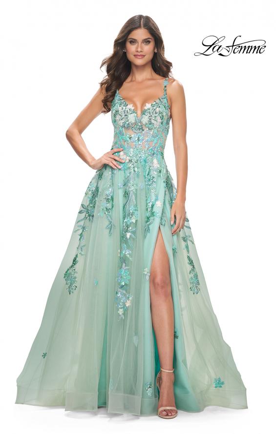 Picture of: Gorgeous Sequin Floral Lace Applique A-Line Tulle Sage Prom Dress in Sage, Style: 32347, Detail Picture 2