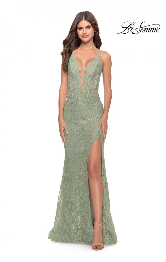 Picture of: Fitted Stretch Lace Gown with Deep V and Beading in Sage, Style: 29977, Detail Picture 3