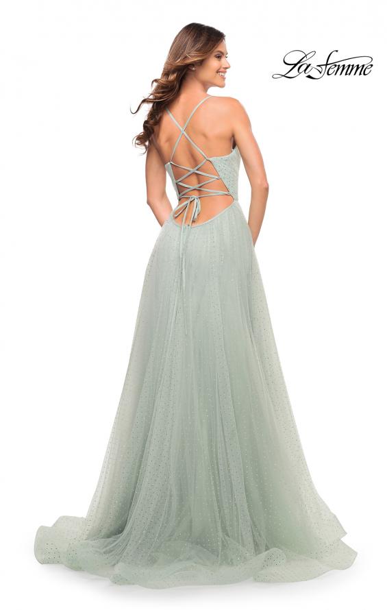 Picture of: Rhinestone Tulle Ballgown with Slit and Lace Up Back in Sage, Style: 30536, Detail Picture 3