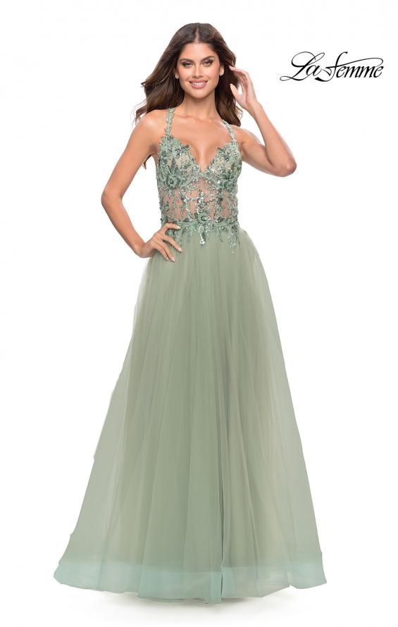 Picture of: Tulle A-Line Gown with Sheer Bodice and Beaded Lace Detail in Sage, Style: 31369, Detail Picture 3